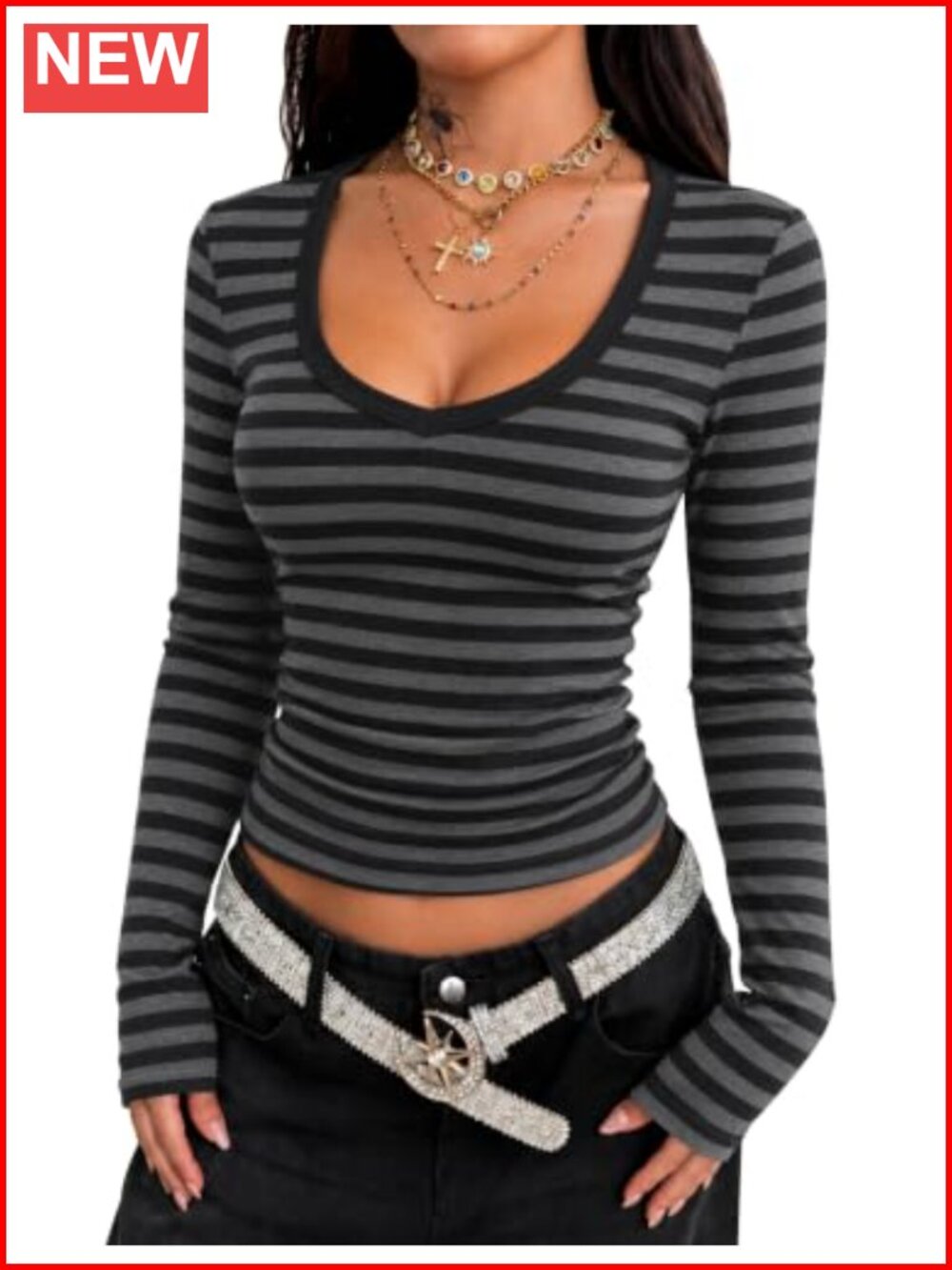 LOMON Ribbed Long Sleeve Deep V Neck Slim Crop Top Women's